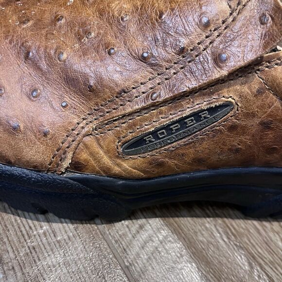 Roper Shoes Mens 11 Ostrich Print Leather Brown Performance Slip On Work Boot - Picture 4 of 12